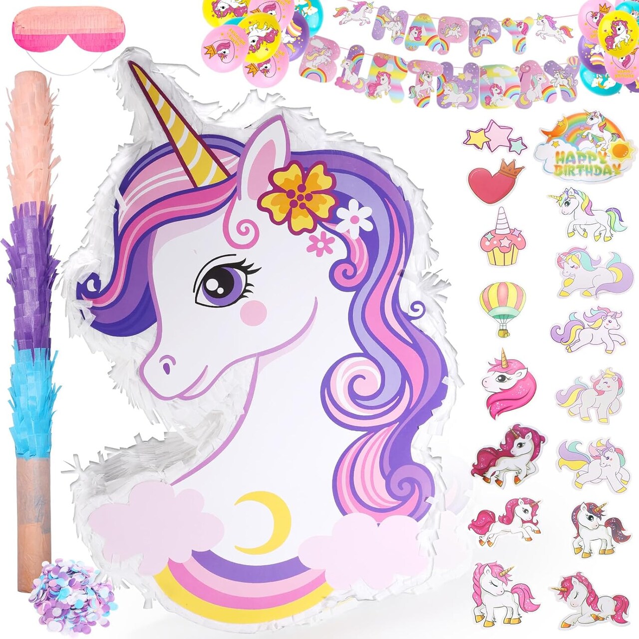 Unicorn Pinata Set for Birthday Party with Unicorn Piñata, Banner, Balloon, Stick, Blindfold, Cupcake Toppers, 54 PCS Birthday Favors Decorations Supplies for Girls